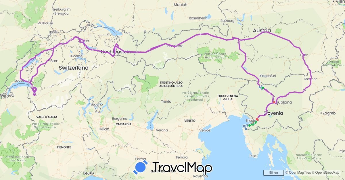 TravelMap itinerary: driving, bus, cycling, train, hiking in Austria, Switzerland, Slovenia (Europe)
